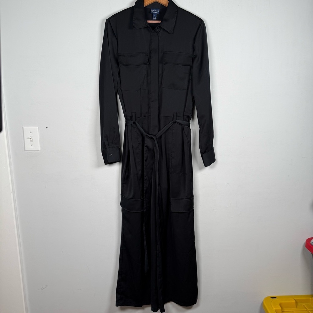 Scoop Black Long Sleeve  Satiny Jumpsuit, Tie Belt, Wide Leg, Size M